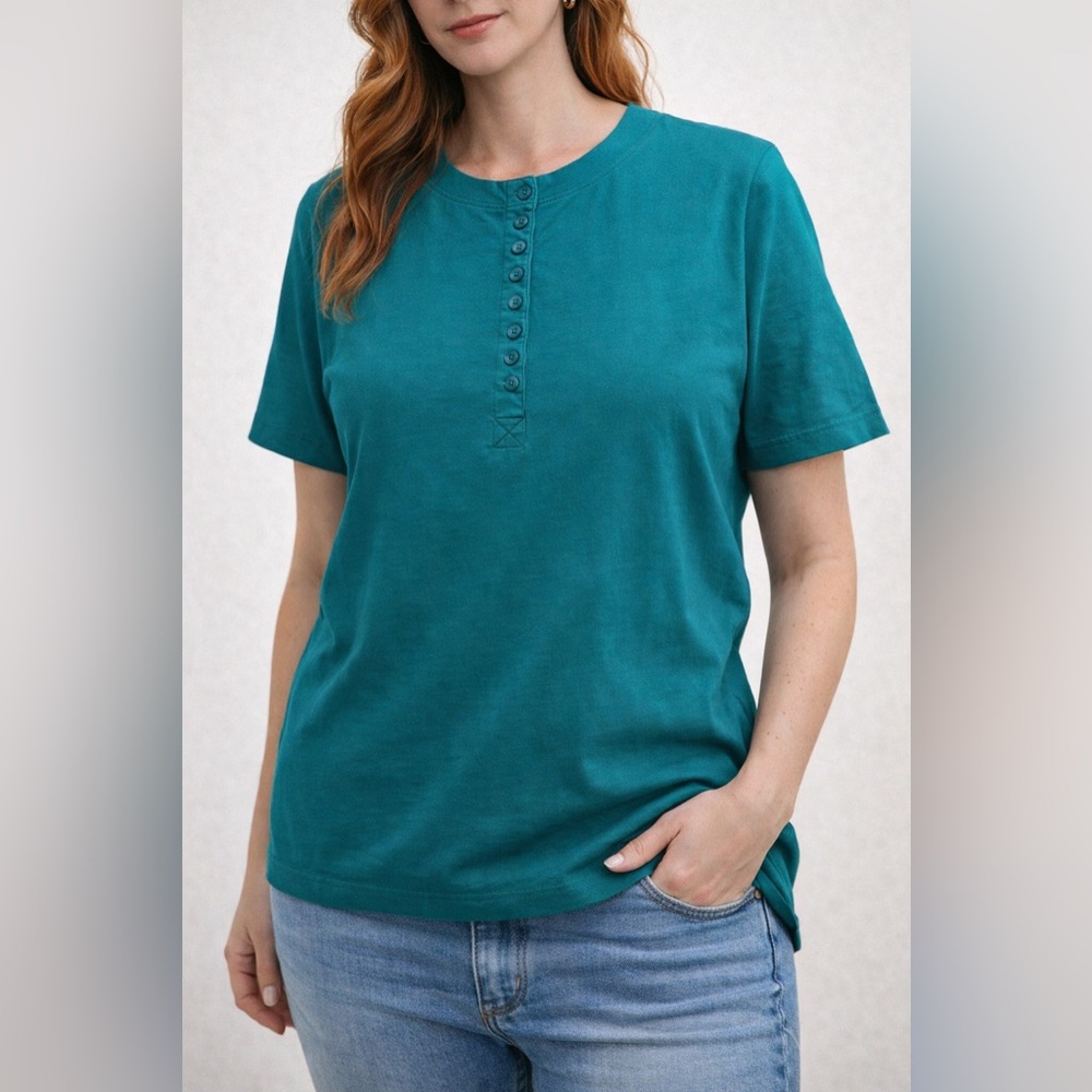 Maggie Lawrence Sport Teal Cotton Henley Top Large